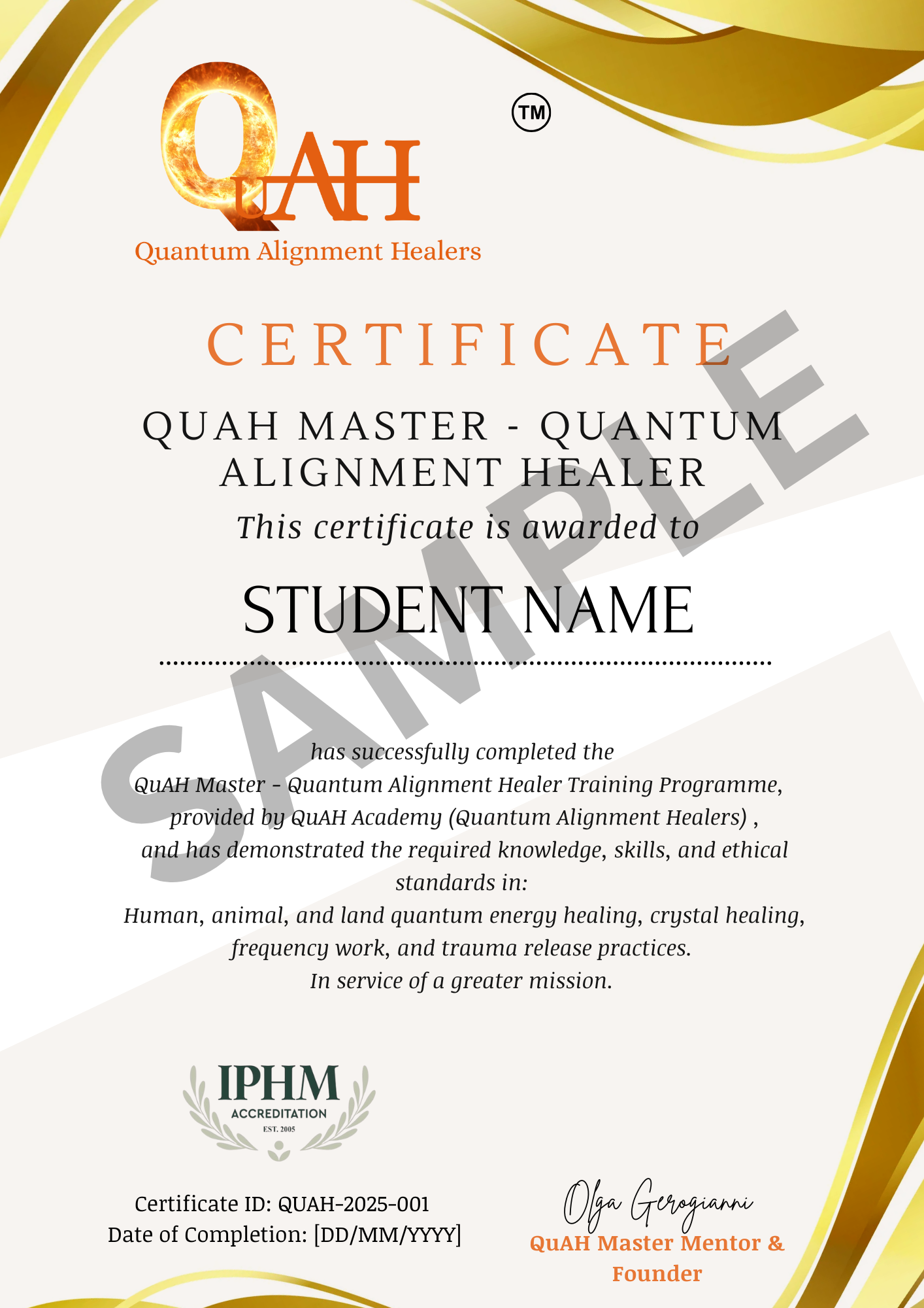 Quah Master Quantum Alignment Healer certificate with gold accents and branding from QuAH Academy