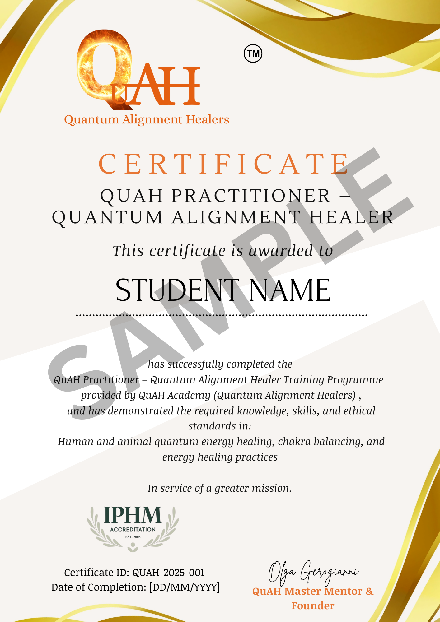 Certificate for Quah Practitioner - Quantum Alignment Healer with branding and text details.