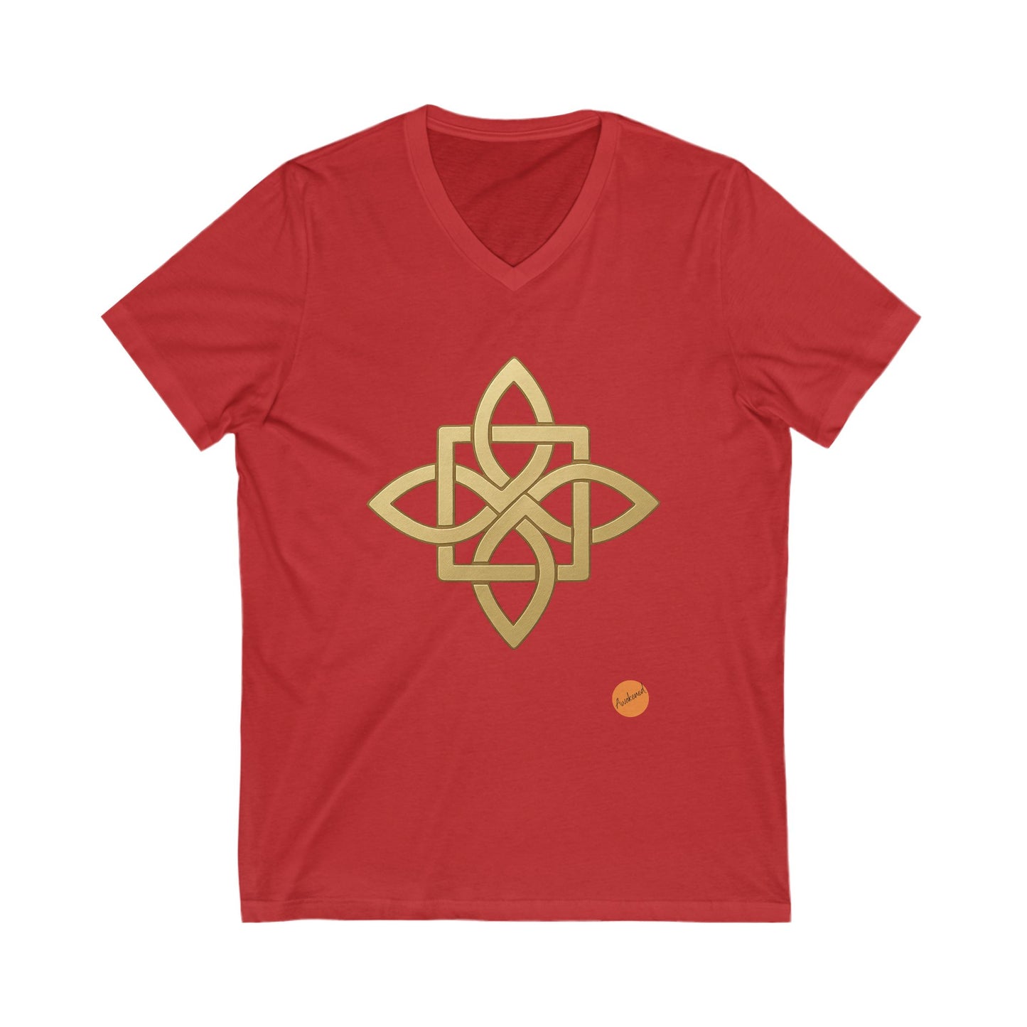 red T-shirt with Celtic cross on