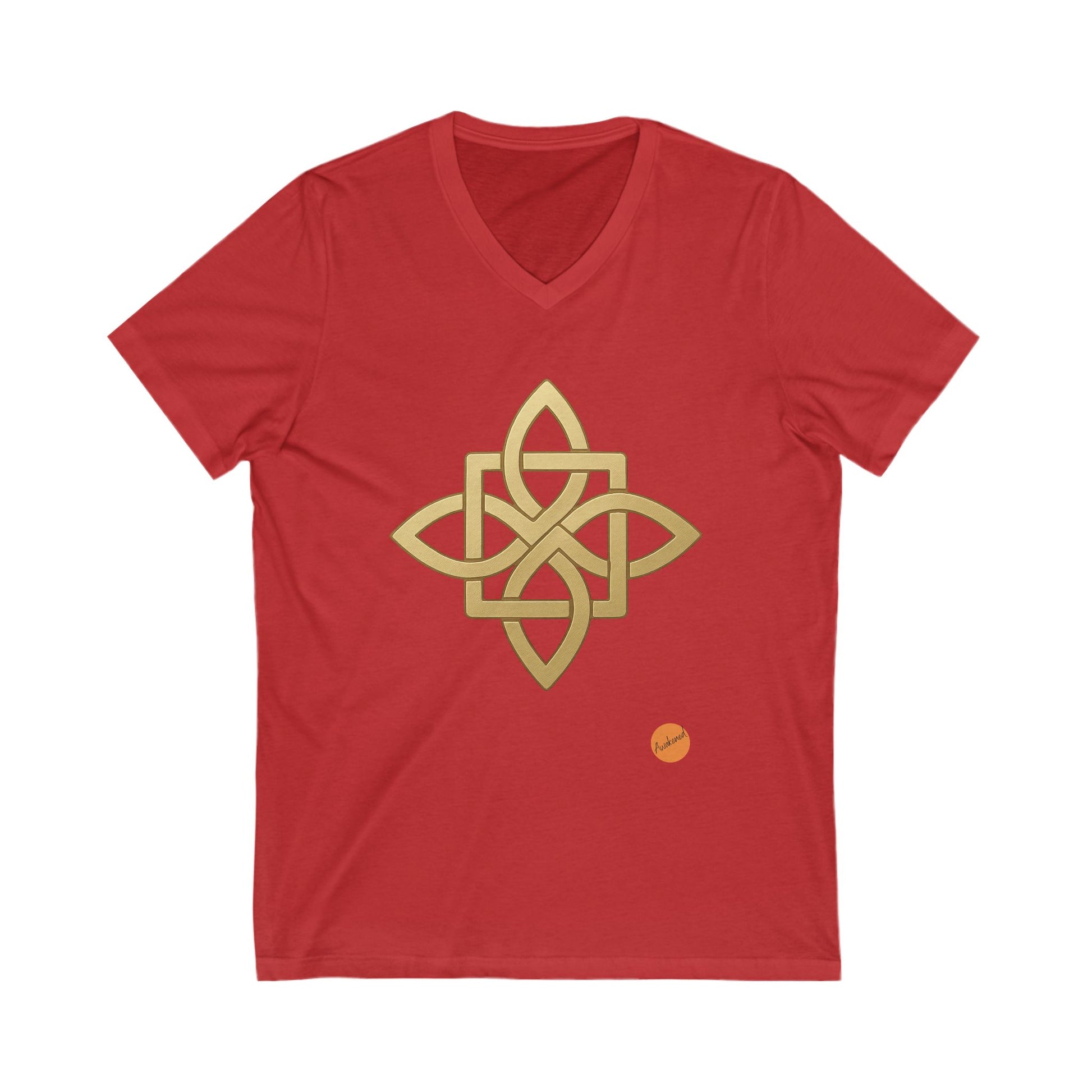 red T-shirt with Celtic cross on