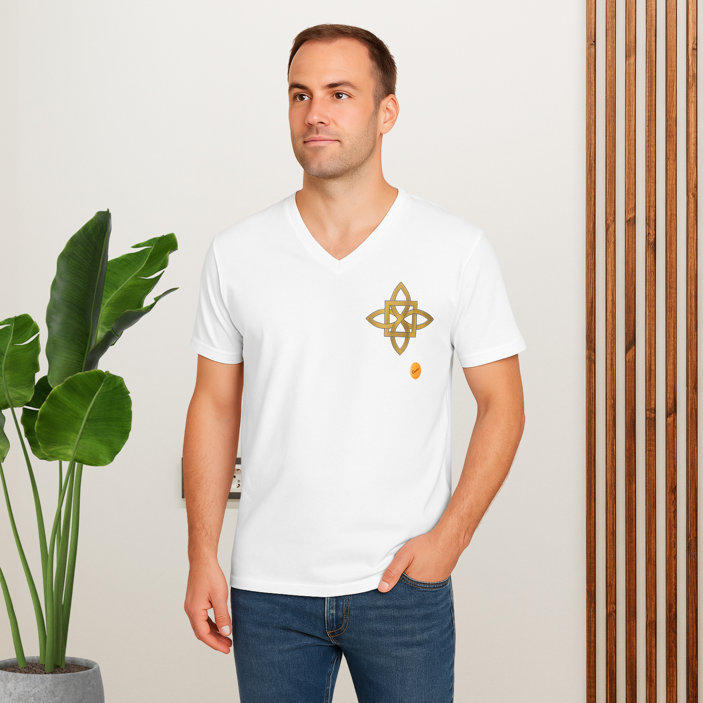 sacred geometry white t-shirt with celtic cross. Man