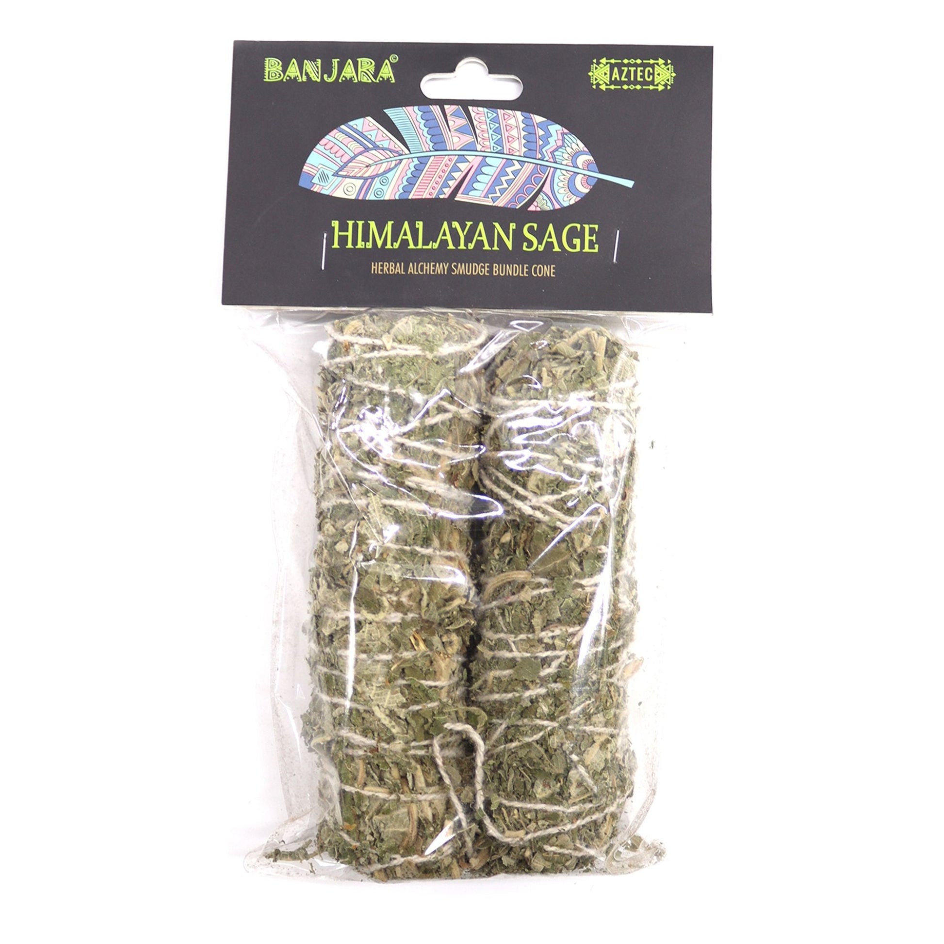 Himalayan sage smudge bundle cone packaging with Banjara branding on a white background