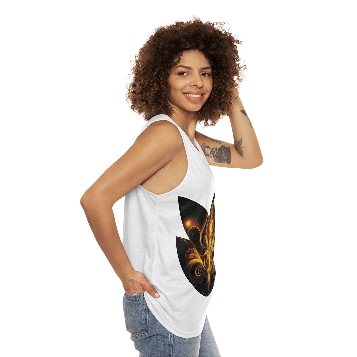 woman in a white tank top with solar plexus print