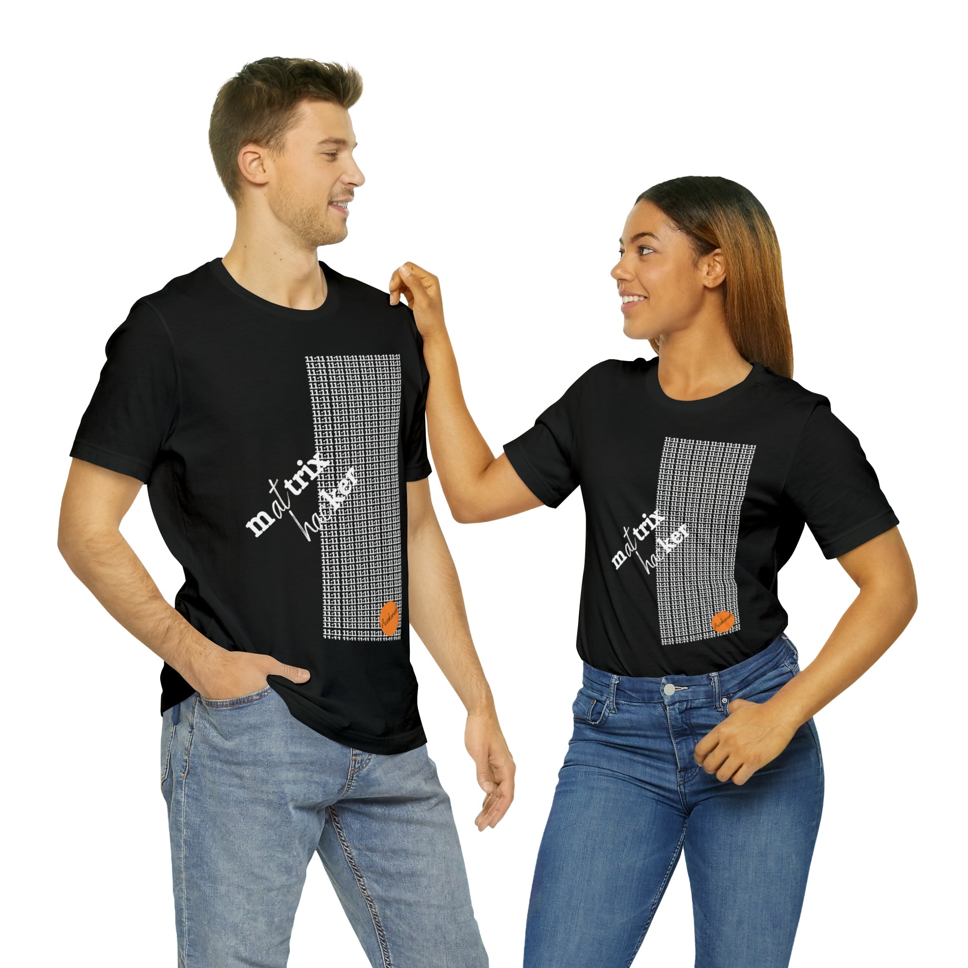 Couple with the same black T-shirt with the 1111 and matrix hacker