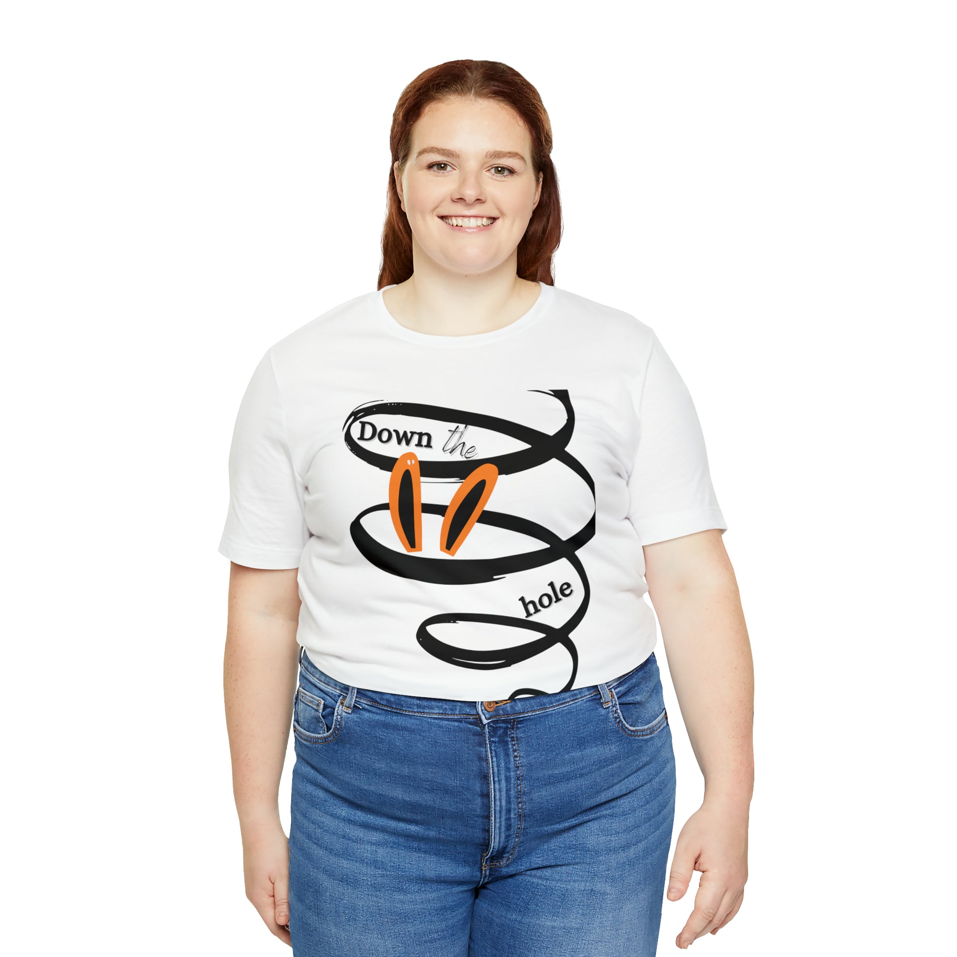 Woman in white T-shirt with Wonderland print